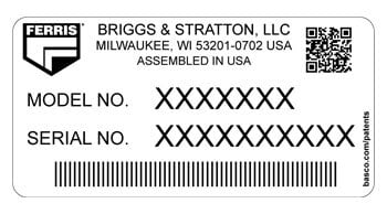 Ferris product data tag – Model No. and Serial No.